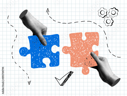 Modern collage. Halftone hands holding a puzzle in doodle style. Teamwork concept. Team, partnership metaphor. People connecting puzzle elements. Successful job interview. Newspaper body parts