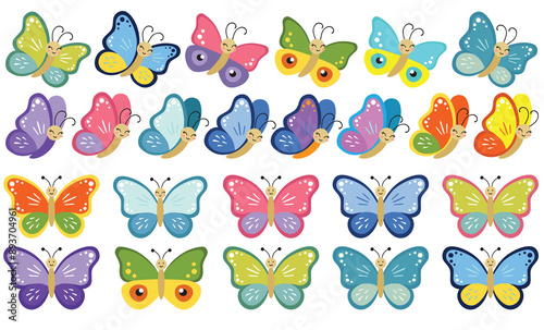 Set of smiling multicolor butterfly clipart. Vector illustration of butterfly cartoon collection on white background. Flying butterfly isolated. Baby shower design elements. Party invitation, birthday