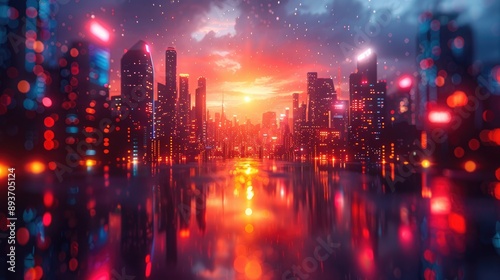 Wallpaper Mural Stunning futuristic cityscape with blurred neon lights reflecting on water at sunset, capturing the essence of modern urban life and vibrant energy. Torontodigital.ca