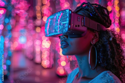 Woman wearing virtual reality headset immersed in a colorful digital environment with vibrant lights and futuristic ambiance. photo