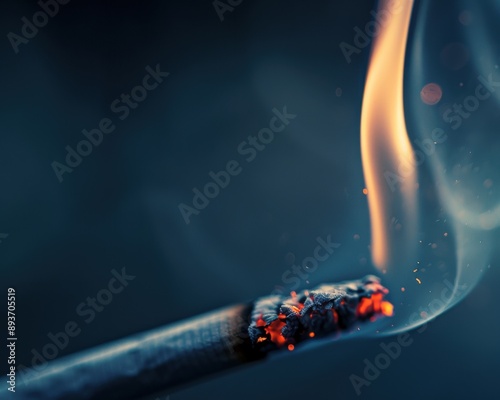 A detailed view of a burning cigarette tip, with smoke curling upwards and the ash glowing red