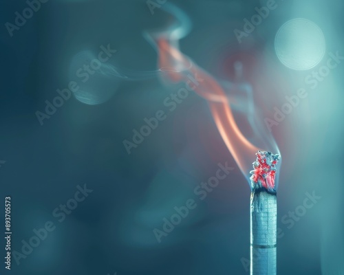 A detailed view of a burning cigarette tip, with smoke curling upwards and the ash glowing red