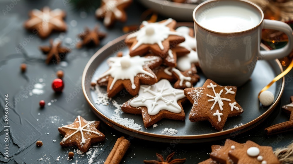 Star-shaped spicy gingerbread cookies with glaze, milk, and assorted cookies on a plate. Winter holiday treats background