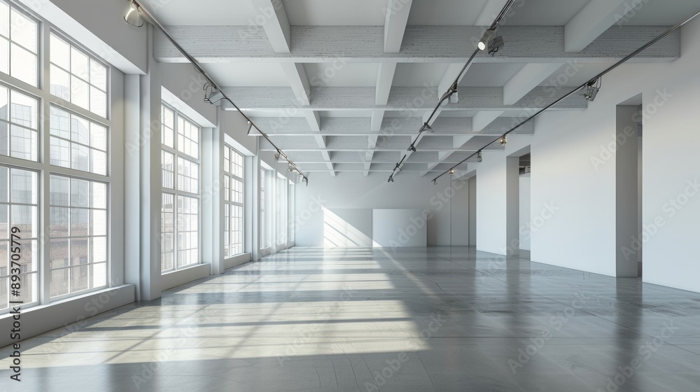 A large, empty room with white walls and windows A large, empty room with white walls and windows