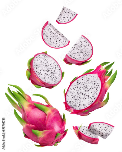 Pitaya isolated set. Collection of ripe dragon fruit or pitahaya, half and slice of the fruit on a transparent background.