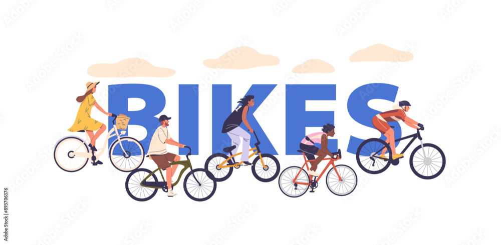 Fototapeta premium Characters Riding Bicycles Outdoors. Vector Concept Conveys A Sense Of Fitness And Freedom, Emphasizing The Joy