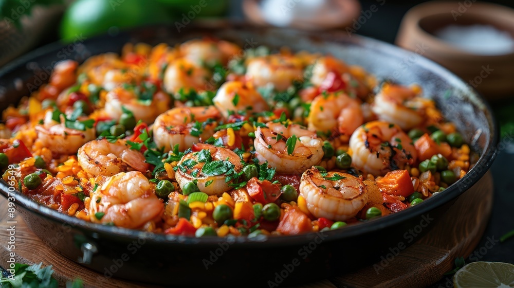 Homemade seafood paella with shrimp, vegetables, and spices, served in a skillet. Ideal for a traditional Spanish dining experience. Homemade seafood paella with shrimp, vegetables, and spices, served in a skillet. Ideal for a traditional Spanish dining experience.
