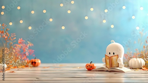 A cute 3D cartoon ghost reading a spooky book, halloween