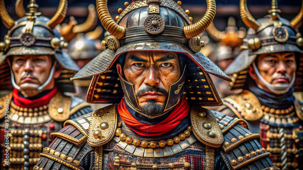 Fototapeta premium Vivid close-up of intricately detailed traditional samurai armor, helmets, and weaponry, exuding fierce intensity and warrior spirit, evoking ancient Japanese honor and discipline.