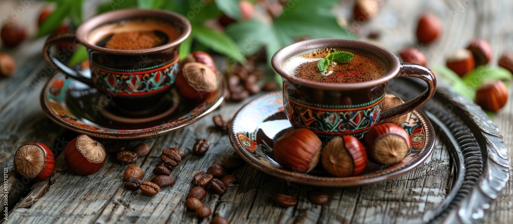 Turkish coffee served with hazelnut krokan, a delightful pair in a copy space image. Turkish coffee served with hazelnut krokan, a delightful pair in a copy space image.