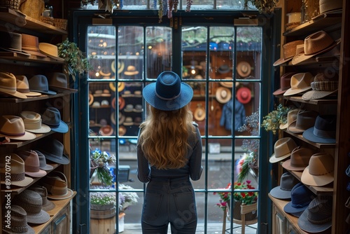 Woman in Blue Hat Looking Out Window of Hat Shop