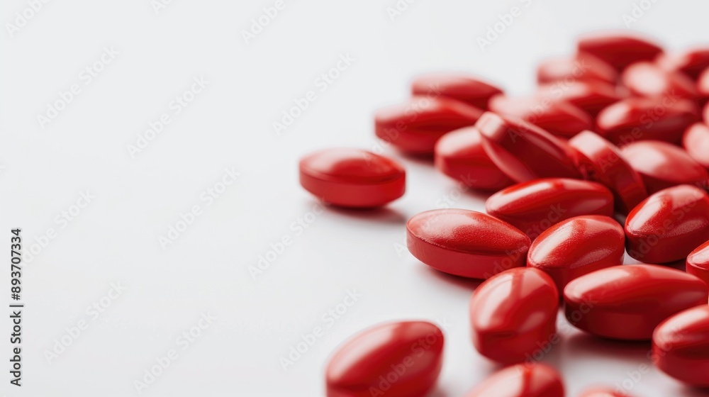 Red pills on white background with copy space Red pills on white background with copy space