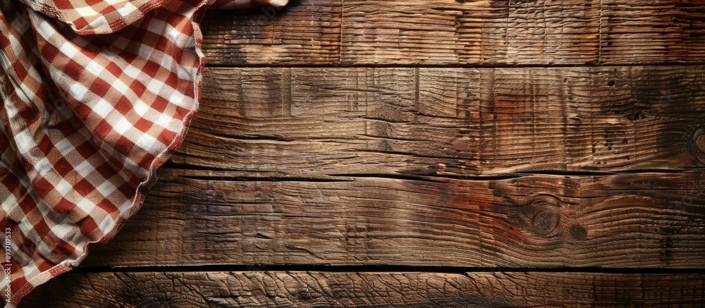 Old brown wooden surface with a checkered napkin creating a rustic backdrop for copy space image. Old brown wooden surface with a checkered napkin creating a rustic backdrop for copy space image.