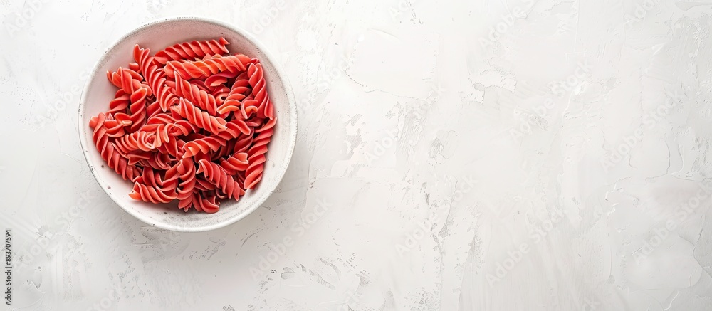 Fototapeta premium Top view of dry red pasta in a ceramic dish on a white background with design concept and ample copy space image.