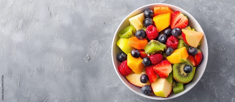 Top view of a bowl with a fresh fruit salad, with copy space image. Top view of a bowl with a fresh fruit salad, with copy space image.
