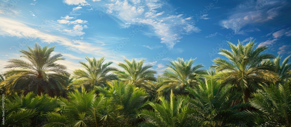 Obraz premium Lush date palm trees form a dense thicket under a clear blue sky, creating a picturesque scenery with copy space image.