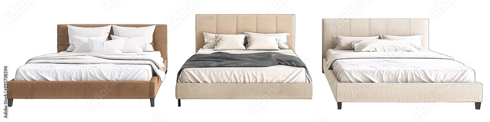 3 different bed with headboard and foot board made of fabric in beige color, white background 3 different bed with headboard and foot board made of fabric in beige color, white background