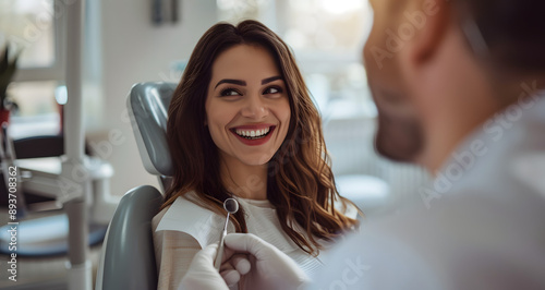a girl happy with the result of her visit to a dental clinic lying on a chair