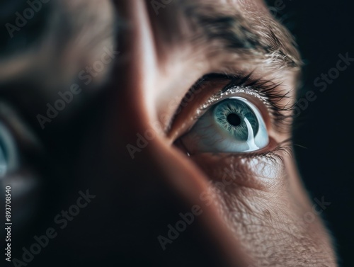 A macro image of a person s eyes filled with fear, with wide pupils and an anxious expression, conveying the emotion of terror photo