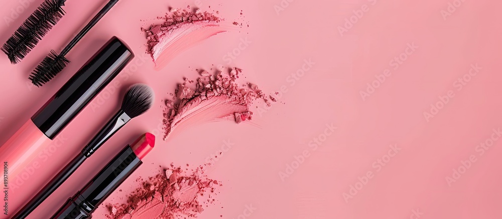 Makeup tools and cosmetics like eyelashes, powder eyebrow brush, and lipstick create a stunning look on a pink background, ideal for a copy space image. Makeup tools and cosmetics like eyelashes, powder eyebrow brush, and lipstick create a stunning look on a pink background, ideal for a copy space image.