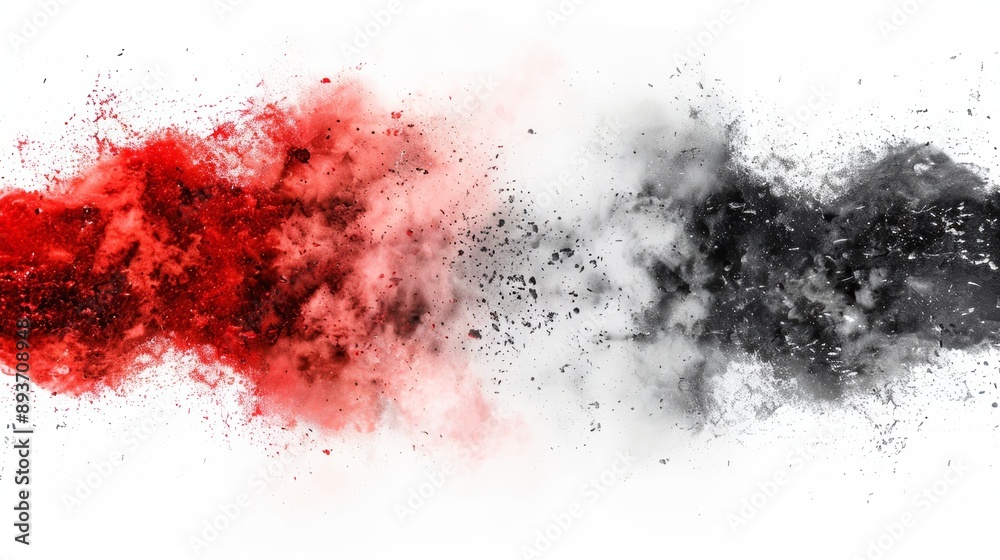 Dynamic explosion of red and black powder against a white background, creating an artistic and abstract representation of energy and motion. Dynamic explosion of red and black powder against a white background, creating an artistic and abstract representation of energy and motion.