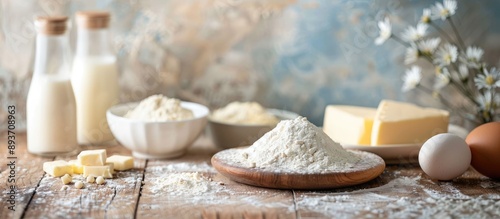 Healthy homemade cookies ingredients displayed on a wooden table with a marble background, featuring butter, eggs, flour, and milk in a copy space image.