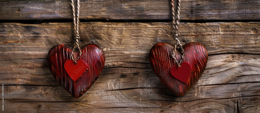 Two red heart decorations on a wooden backdrop with a blank area for text. Ideal for Valentine's Day celebrations and messages. image with copy space Two red heart decorations on a wooden backdrop with a blank area for text. Ideal for Valentine's Day celebrations and messages. image with copy space