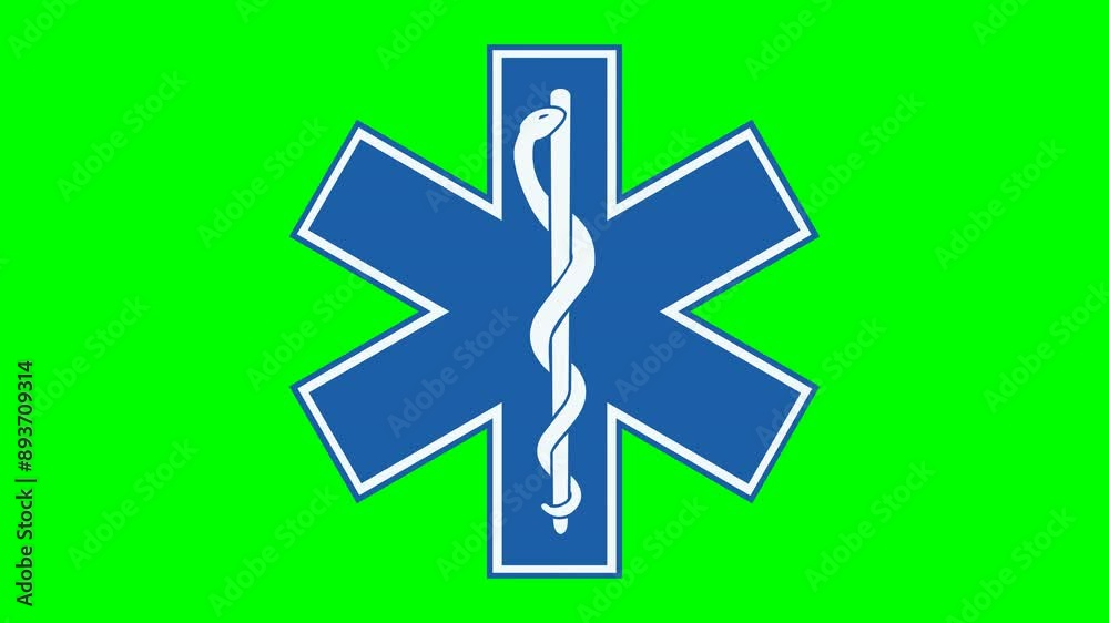 Animation of symbol of the cross with the caduceus of an ambulance falling from the top to the center on green screen with alpha channel in flat design style Animation of symbol of the cross with the caduceus of an ambulance falling from the top to the center on green screen with alpha channel in flat design style