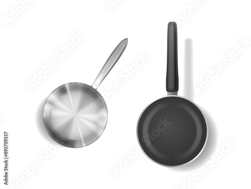 Top View Of Two Frying Pans, One Made Of Stainless Steel And The Other With A Non-stick Teflon Surface Isolated On White