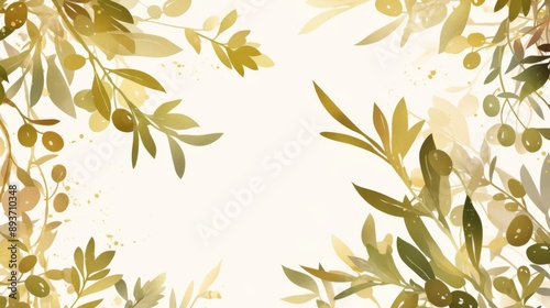 Wallpaper Mural Hand-Drawn Olive Branch Pattern Frame with Line Art on White Background, Olive Green Color, Vintage Style Torontodigital.ca
