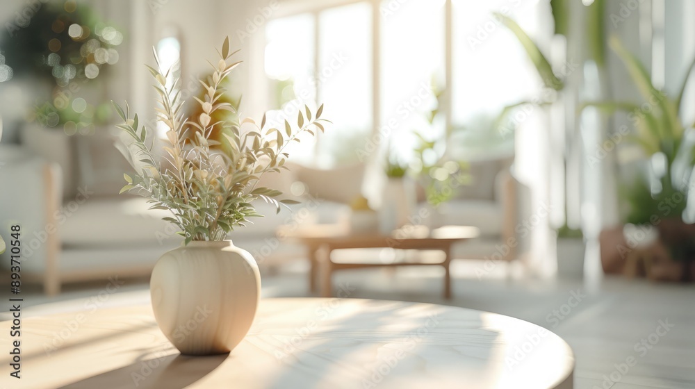 Clean Scandinavian living room with white walls, light wood furniture, plants, large windows, and slightly blurred background for cozy ambiance. Blurred view of light living room