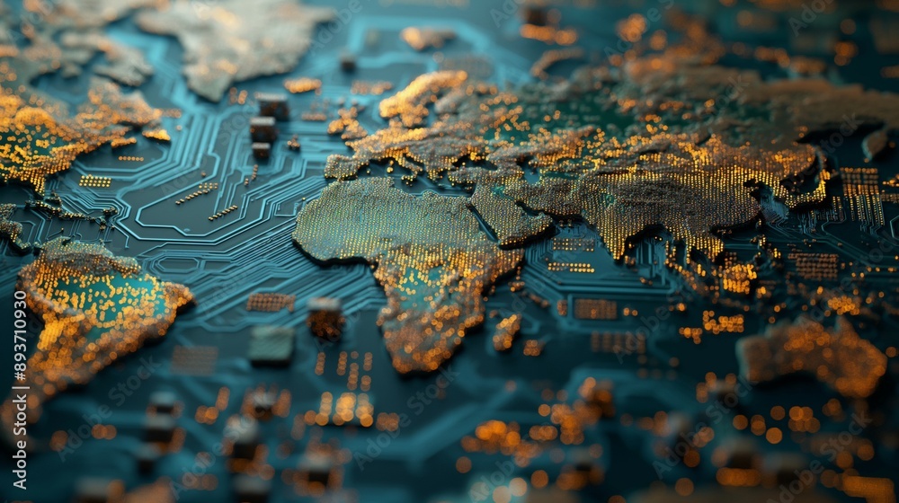 World map network on top of electronic circuit chip World map network on top of electronic circuit chip