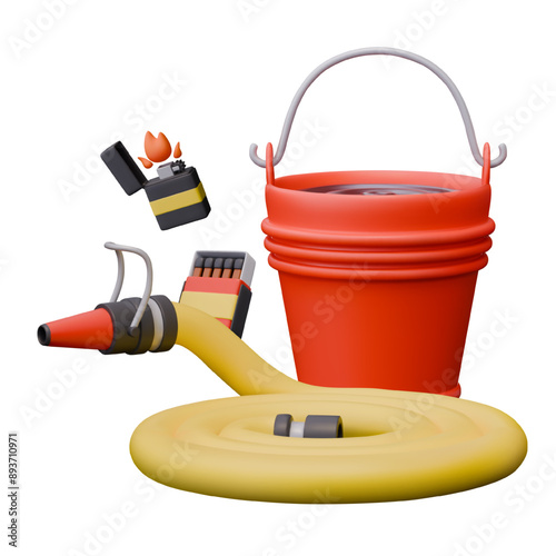 Fire source and fire extinguishing equipment. Vector composition in 3D style