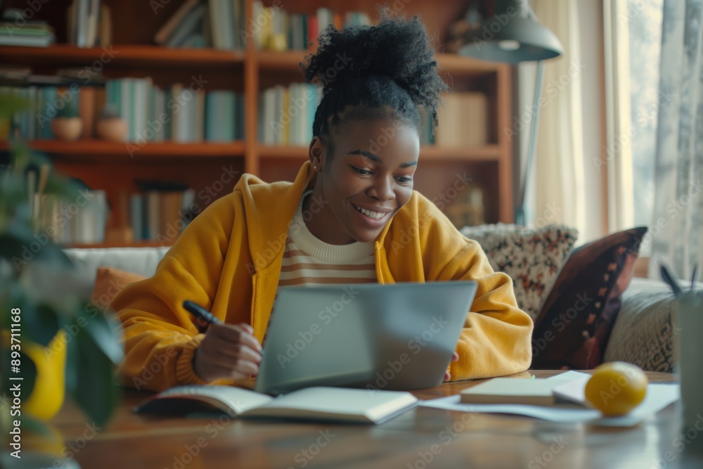 A young woman is seen at home, studying with a laptop and books. Her cozy workspace aids focus, creating a comfortable setting. It supports her academic efforts and learning endeavours A young woman is seen at home, studying with a laptop and books. Her cozy workspace aids focus, creating a comfortable setting. It supports her academic efforts and learning endeavours