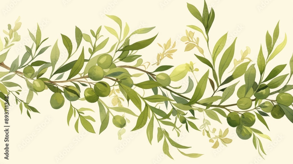 Hand-Drawn Olive Branch Pattern Frame with Line Art on White Background, Olive Green Color, Vintage Style Hand-Drawn Olive Branch Pattern Frame with Line Art on White Background, Olive Green Color, Vintage Style