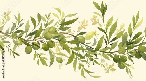 Hand-Drawn Olive Branch Pattern Frame with Line Art on White Background, Olive Green Color, Vintage Style