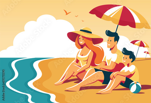A family enjoying summer on a beach. Vector Illustration.