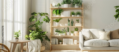 Green plants on a wooden bookshelf create a cozy atmosphere in the living room with space for adding images. image with copy space photo