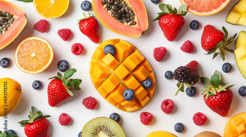 different pieces of tropical fruits and berries on a white