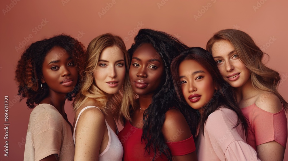 Obraz premium Beauty group and portrait of women with makeup for cosmetic skincare isolated in a studio brown background Diversity aesthetic and young friends together for self care dermatology and support.