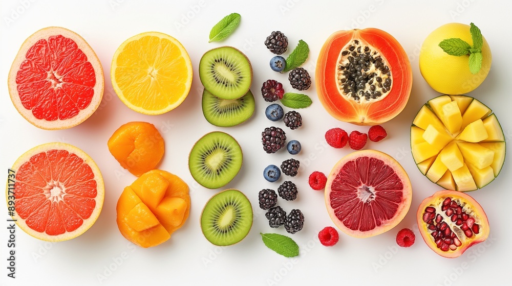 different pieces of tropical fruits and berries on a white