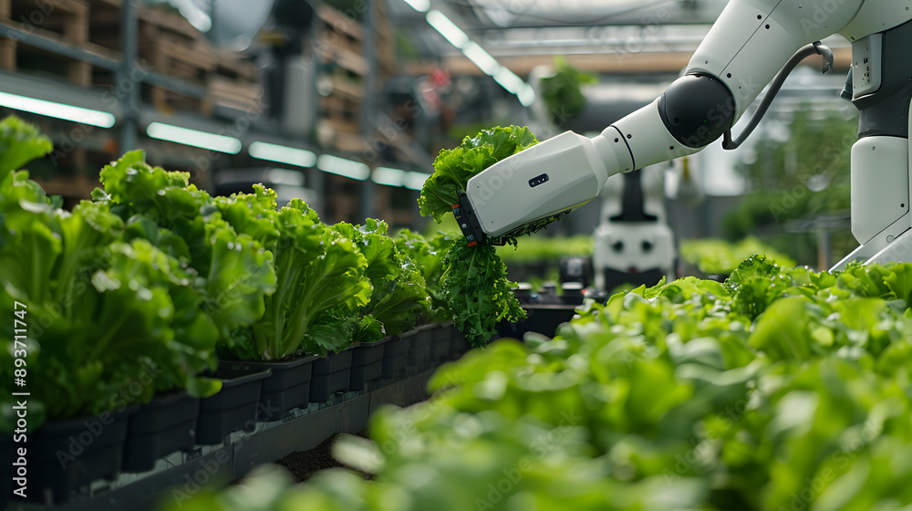 Close-up View Of Robotic Arm Harvesting Lettuce In Vertical Hydroponic glasshouse, Automatic Agricultural Technology. Close-up View Of Robotic Arm Harvesting Lettuce In Vertical Hydroponic glasshouse, Automatic Agricultural Technology.