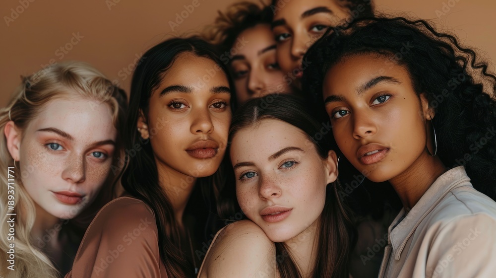 Beauty group and portrait of women with makeup for cosmetic skincare isolated in a studio brown background Diversity aesthetic and young friends together for self care dermatology and support. Beauty group and portrait of women with makeup for cosmetic skincare isolated in a studio brown background Diversity aesthetic and young friends together for self care dermatology and support.