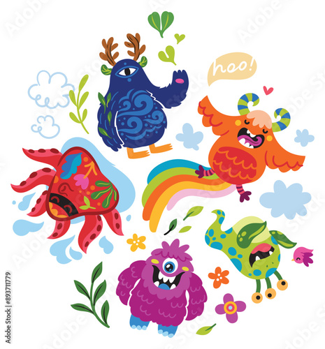 Five happy and bright fantasy monsters and spirits
