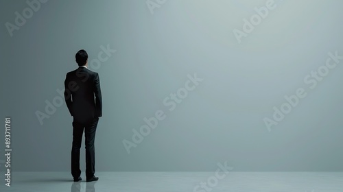 a minimalist setting with an Indian business professional in a formal suit against a gray background, perfect for text placement