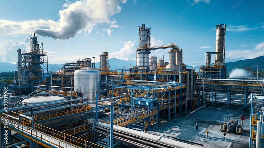 fertilizer production facility with chemical reactors, storage tanks, and workers loading unloading materials fertilizer production facility with chemical reactors, storage tanks, and workers loading unloading materials