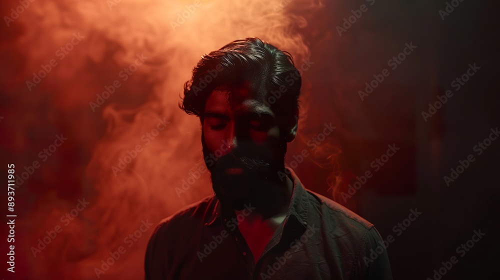 a moody, young Indian professional with a beard, standing out against a dark backdrop a moody, young Indian professional with a beard, standing out against a dark backdrop