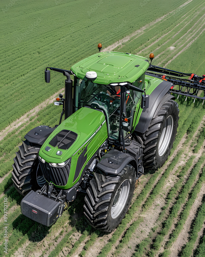 Obraz premium Drone view the farmer driving the green tractor through a farm field of plants.