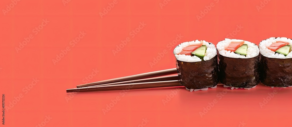 Japanese sushi rolls and rice displayed with chopsticks in a copy space image.