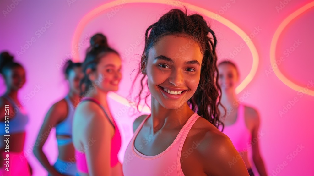 Fitness girl friends and confidence portrait with fitness workout and sport training gear in studio Women diversity and group with pink background and smile with exercise and body wellness. Fitness girl friends and confidence portrait with fitness workout and sport training gear in studio Women diversity and group with pink background and smile with exercise and body wellness.